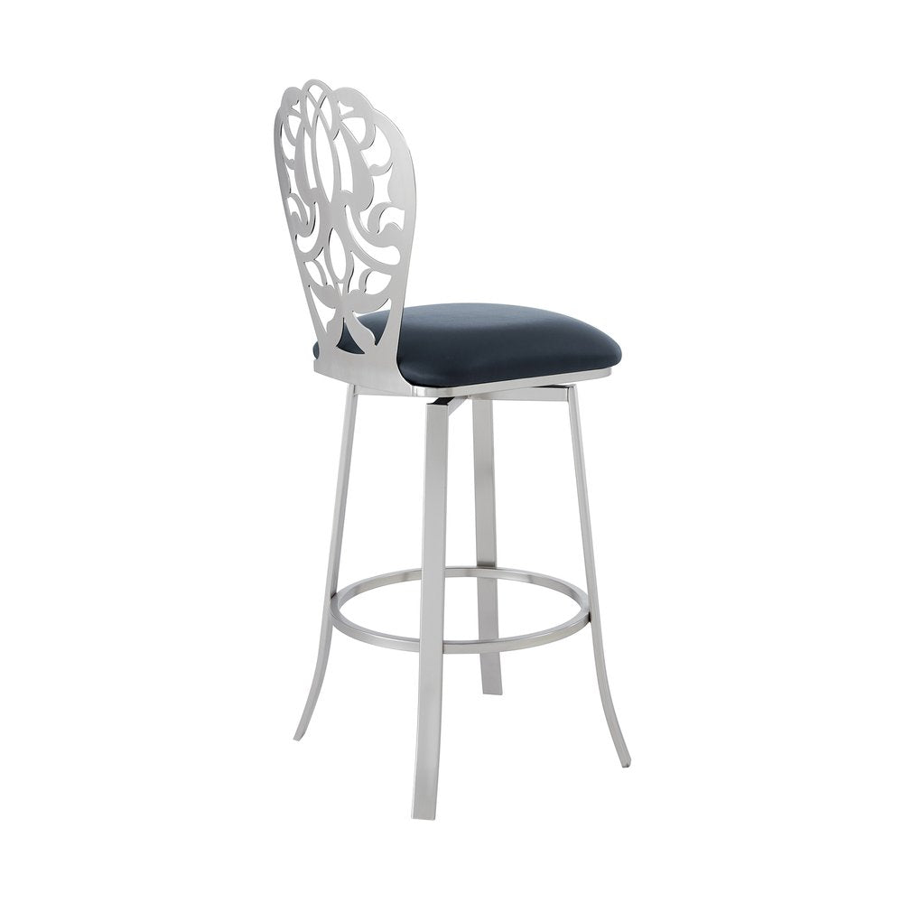 30" Gray And Silver Fabric And Iron Bar Height Swivel Bar Chair