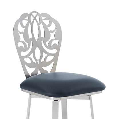 30" Gray And Silver Fabric And Iron Bar Height Swivel Bar Chair
