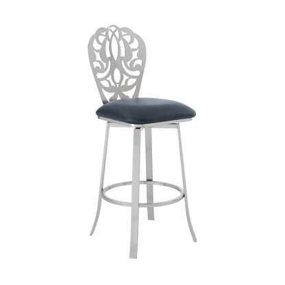30" Gray And Silver Fabric And Iron Bar Height Swivel Bar Chair