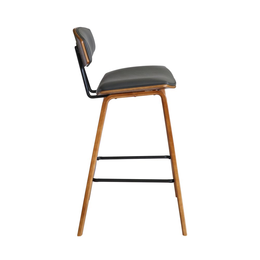 29" Gray And Brown Faux Leather And Iron Low Back Bar Height Bar Chair