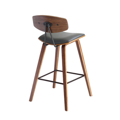 29" Gray And Brown Faux Leather And Iron Low Back Bar Height Bar Chair