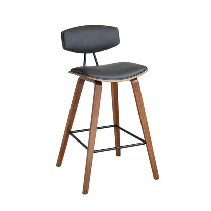 29" Gray And Brown Faux Leather And Iron Low Back Bar Height Bar Chair