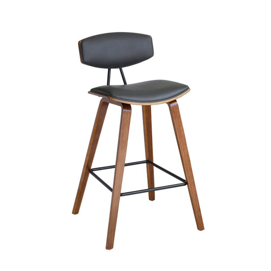 29" Gray And Brown Faux Leather And Iron Low Back Bar Height Bar Chair