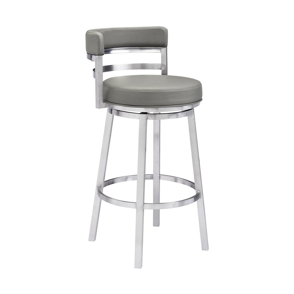 30" Gray And Silver Faux Leather And Faux Leather And Iron Low Back Bar Height Swivel Bar Chair