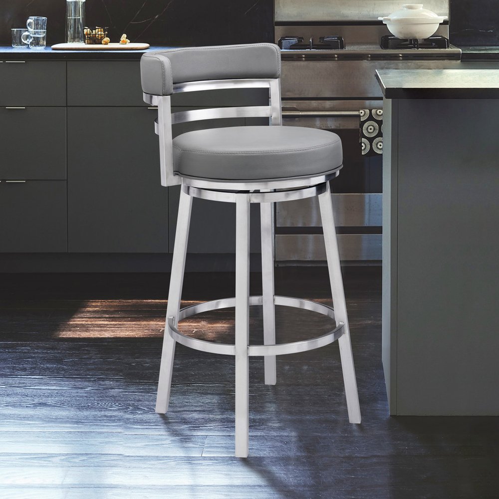 30" Gray And Silver Faux Leather And Faux Leather And Iron Low Back Bar Height Swivel Bar Chair