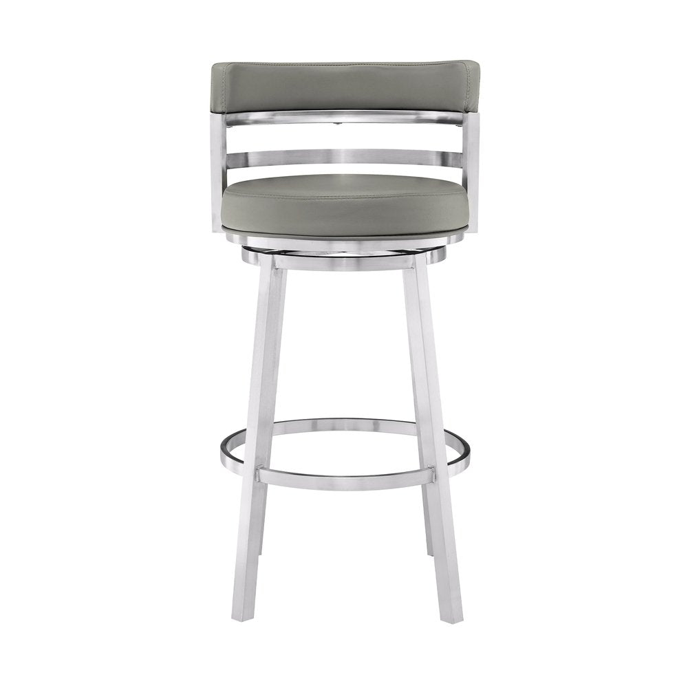 30" Gray And Silver Faux Leather And Faux Leather And Iron Low Back Bar Height Swivel Bar Chair