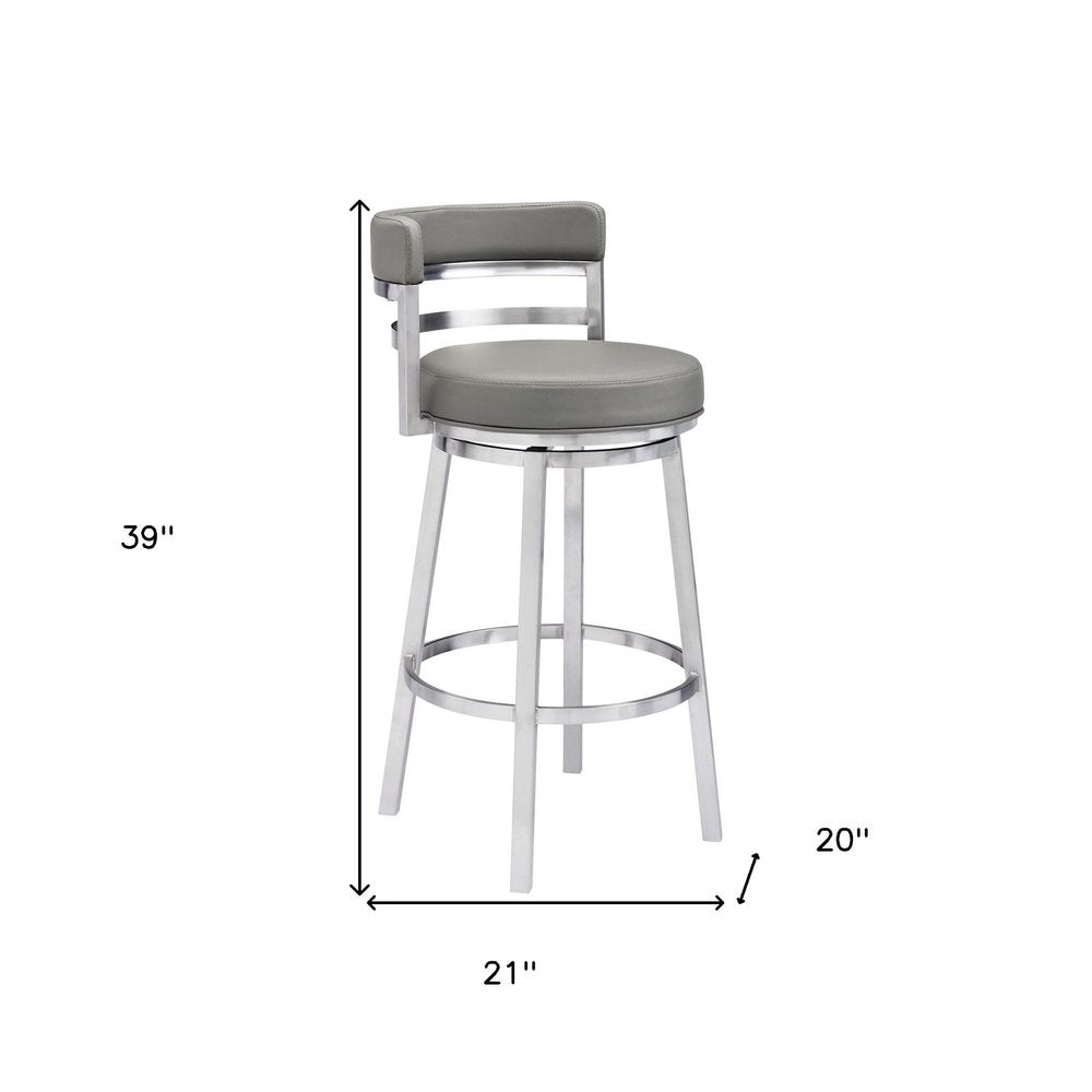 30" Gray And Silver Faux Leather And Faux Leather And Iron Low Back Bar Height Swivel Bar Chair