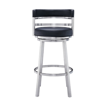30" Black And Silver Faux Leather And Iron Low Back Bar Height Swivel Bar Chair