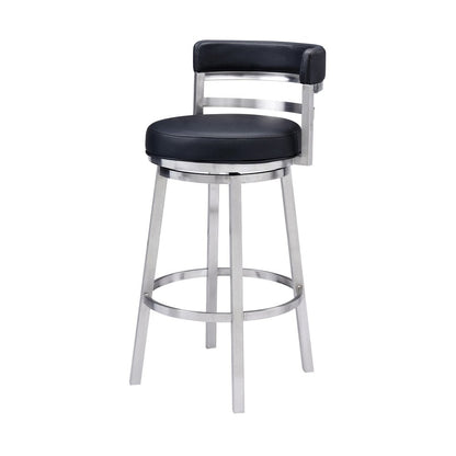 30" Black And Silver Faux Leather And Iron Low Back Bar Height Swivel Bar Chair