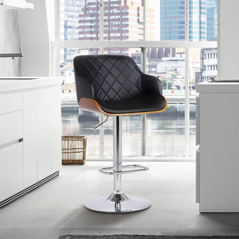Black And Silver Faux Leather And Fabric And Iron Low Back Adjustable Height Swivel Bar Chair