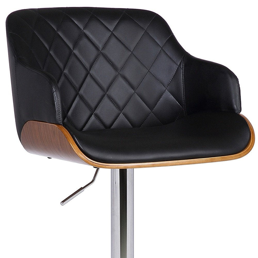 Black And Silver Faux Leather And Fabric And Iron Low Back Adjustable Height Swivel Bar Chair