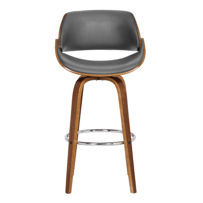 26" Gray And Brown Faux Leather And Fabric And Iron Low Back Counter Height Swivel Bar Chair