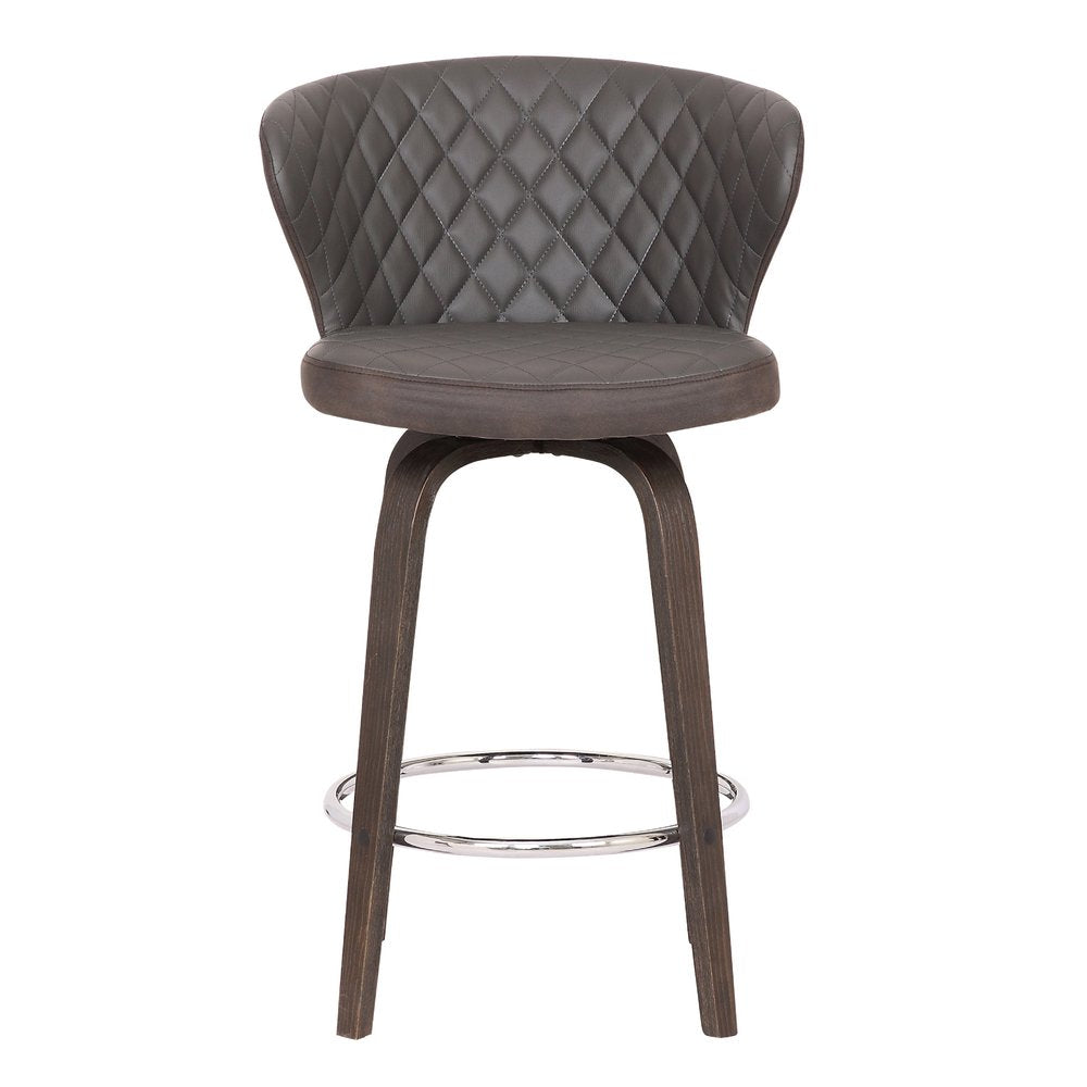 26" Brown Faux Leather And Fabric And Iron Low Back Counter Height Swivel Bar Chair