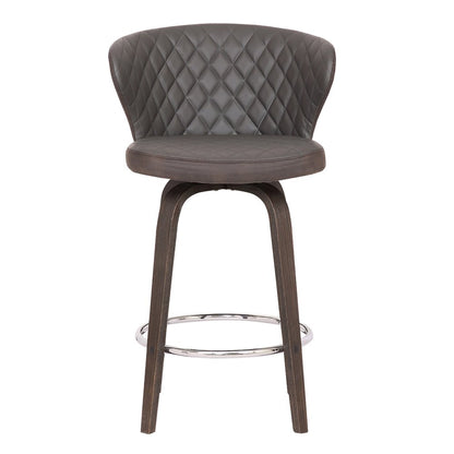 26" Brown Faux Leather And Fabric And Iron Low Back Counter Height Swivel Bar Chair