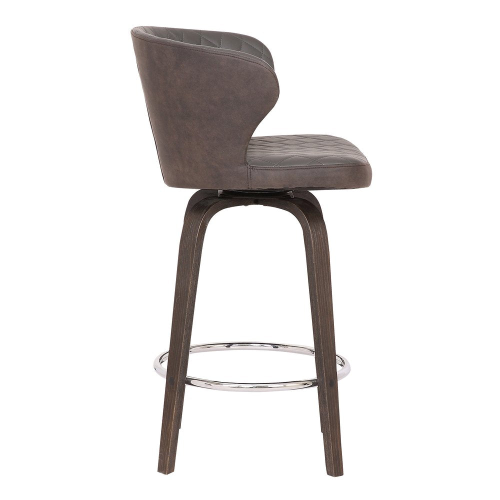 26" Brown Faux Leather And Fabric And Iron Low Back Counter Height Swivel Bar Chair