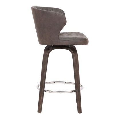 26" Brown Faux Leather And Fabric And Iron Low Back Counter Height Swivel Bar Chair