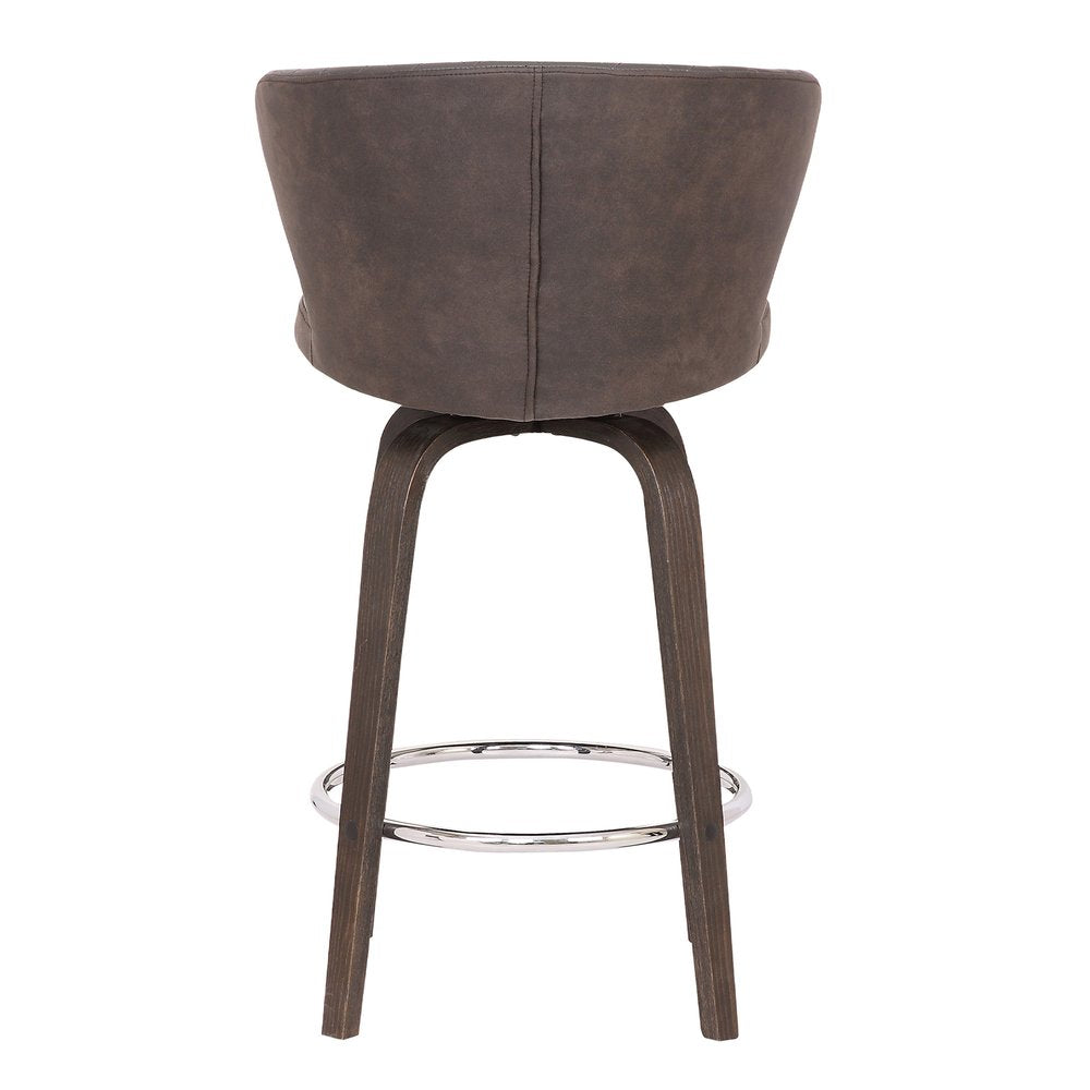 26" Brown Faux Leather And Fabric And Iron Low Back Counter Height Swivel Bar Chair