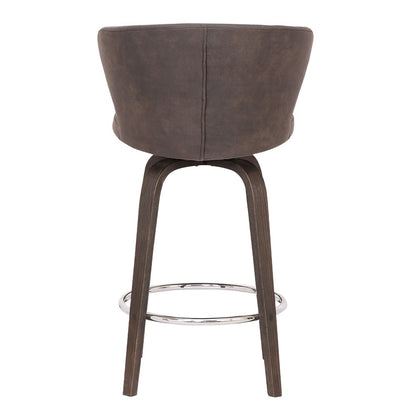 26" Brown Faux Leather And Fabric And Iron Low Back Counter Height Swivel Bar Chair