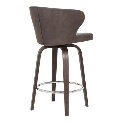 26" Brown Faux Leather And Fabric And Iron Low Back Counter Height Swivel Bar Chair