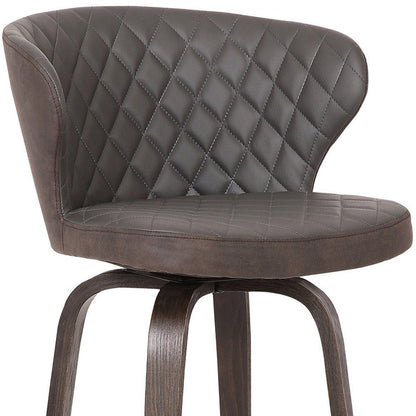 26" Brown Faux Leather And Fabric And Iron Low Back Counter Height Swivel Bar Chair