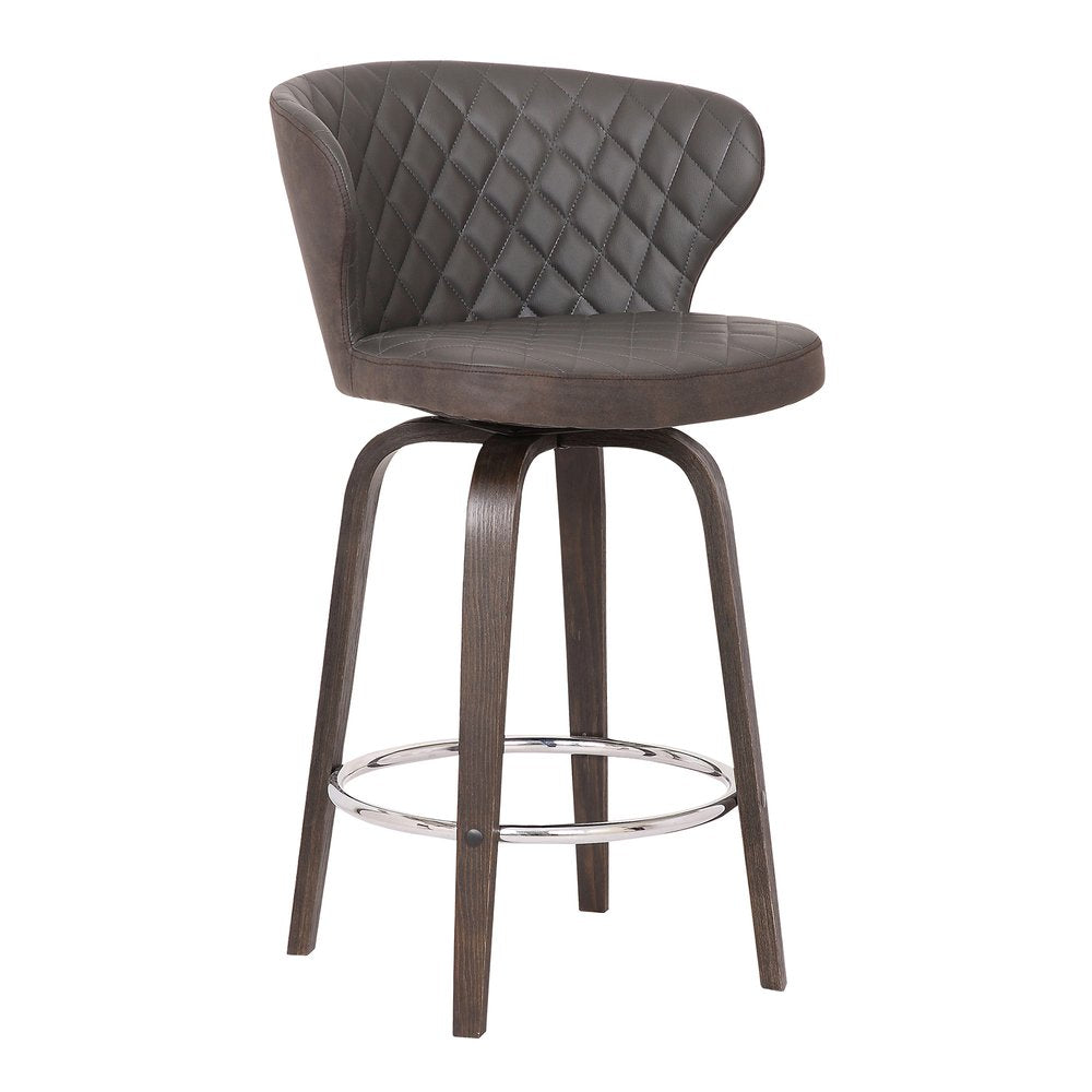 26" Brown Faux Leather And Fabric And Iron Low Back Counter Height Swivel Bar Chair
