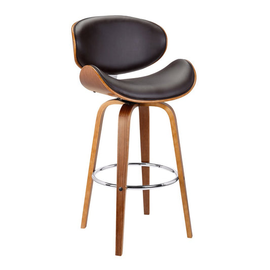 26" Brown Faux Leather And Fabric And Iron Low Back Counter Height Swivel Bar Chair