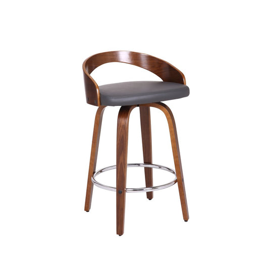 26" Gray And Brown Faux Leather And Fabric And Iron Low Back Counter Height Swivel Bar Chair