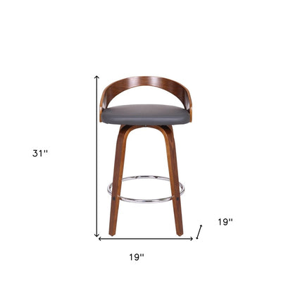 26" Gray And Brown Faux Leather And Fabric And Iron Low Back Counter Height Swivel Bar Chair