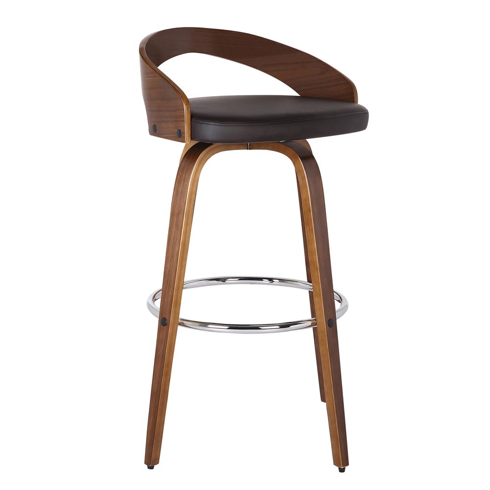 26" Brown Faux Leather And Fabric And Solid Wood Low Back Counter Height Swivel Bar Chair