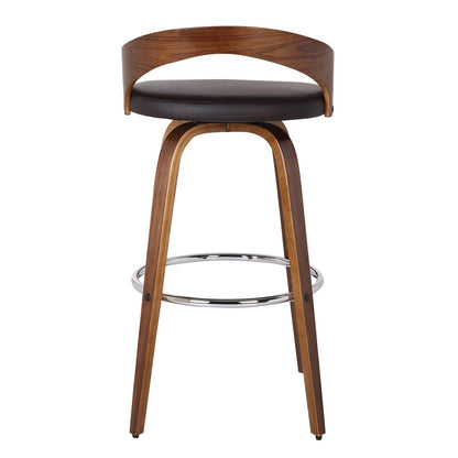 26" Brown Faux Leather And Fabric And Solid Wood Low Back Counter Height Swivel Bar Chair