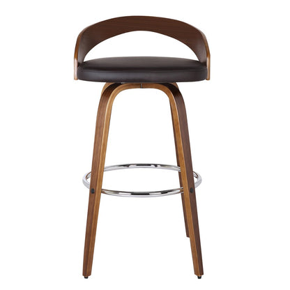 26" Brown Faux Leather And Fabric And Solid Wood Low Back Counter Height Swivel Bar Chair