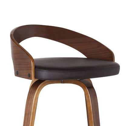 26" Brown Faux Leather And Fabric And Solid Wood Low Back Counter Height Swivel Bar Chair