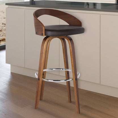 26" Brown Faux Leather And Fabric And Solid Wood Low Back Counter Height Swivel Bar Chair