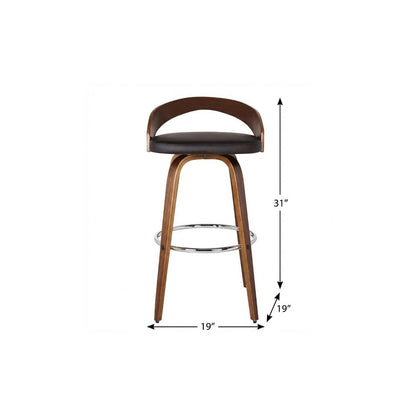 26" Brown Faux Leather And Fabric And Solid Wood Low Back Counter Height Swivel Bar Chair