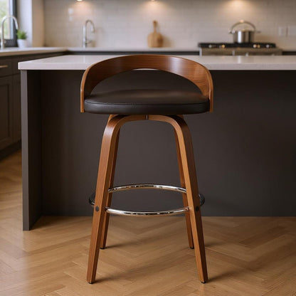 26" Brown Faux Leather And Fabric And Solid Wood Low Back Counter Height Swivel Bar Chair