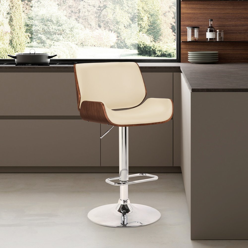 Cream And Silver Fabric And Iron Low Back Adjustable Height Swivel Bar Chair