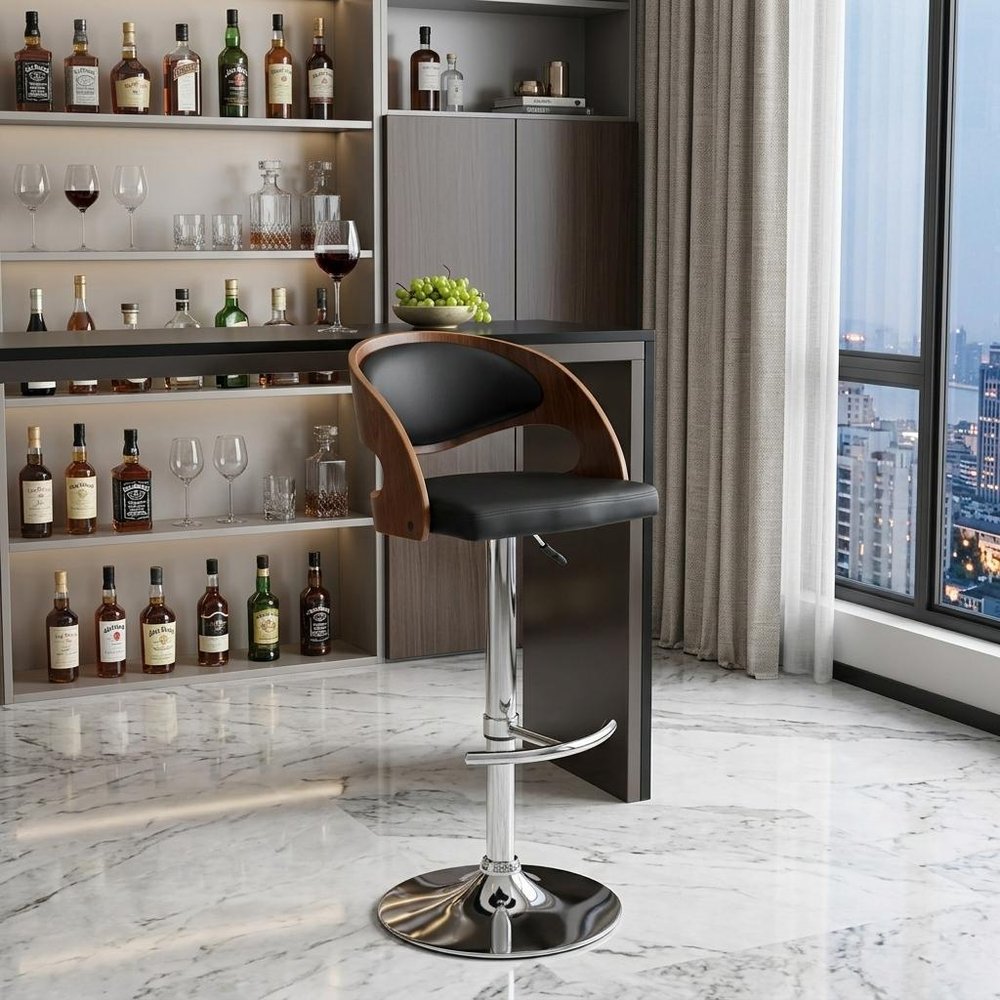 Black And Silver Faux Leather And Fabric And Chrome Low Back Adjustable Height Swivel Bar Chair