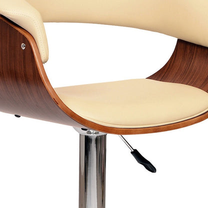 Cream And Silver Faux Leather And Fabric And Solid Wood Low Back Adjustable Height Swivel Bar Chair
