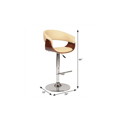 Cream And Silver Faux Leather And Fabric And Solid Wood Low Back Adjustable Height Swivel Bar Chair