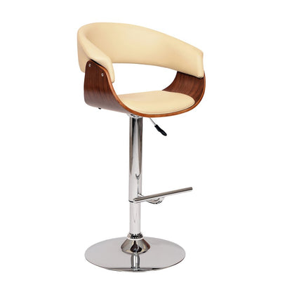 Cream And Silver Faux Leather And Fabric And Solid Wood Low Back Adjustable Height Swivel Bar Chair