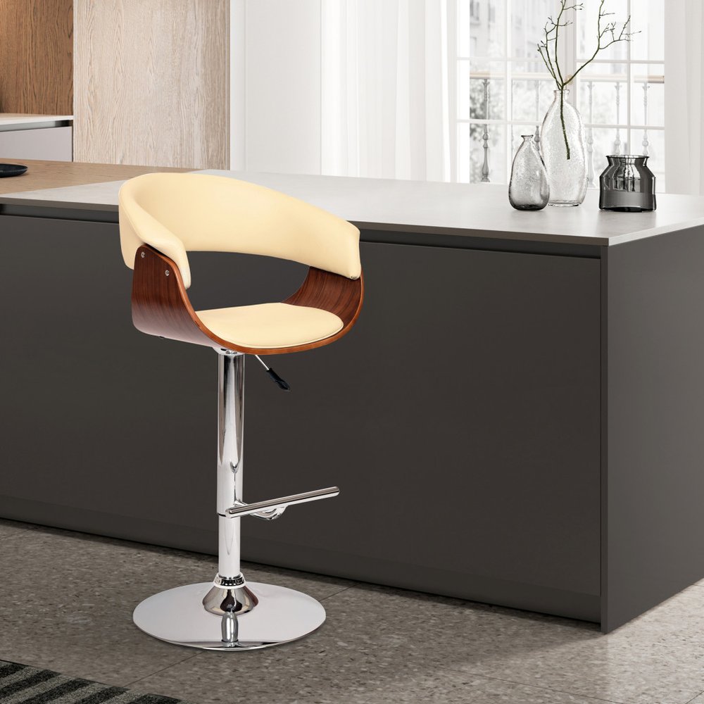 Cream And Silver Faux Leather And Fabric And Solid Wood Low Back Adjustable Height Swivel Bar Chair