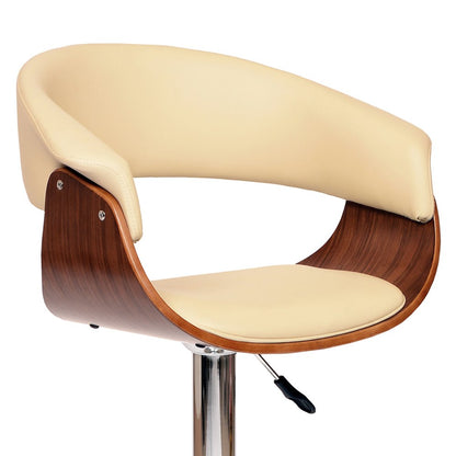 Cream And Silver Faux Leather And Fabric And Solid Wood Low Back Adjustable Height Swivel Bar Chair