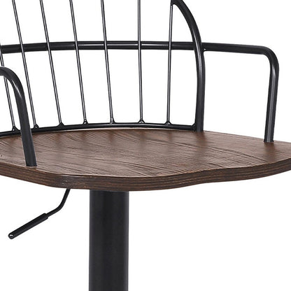 Brown And Black Solid Wood And Iron Low Back Adjustable Height Bar Chair