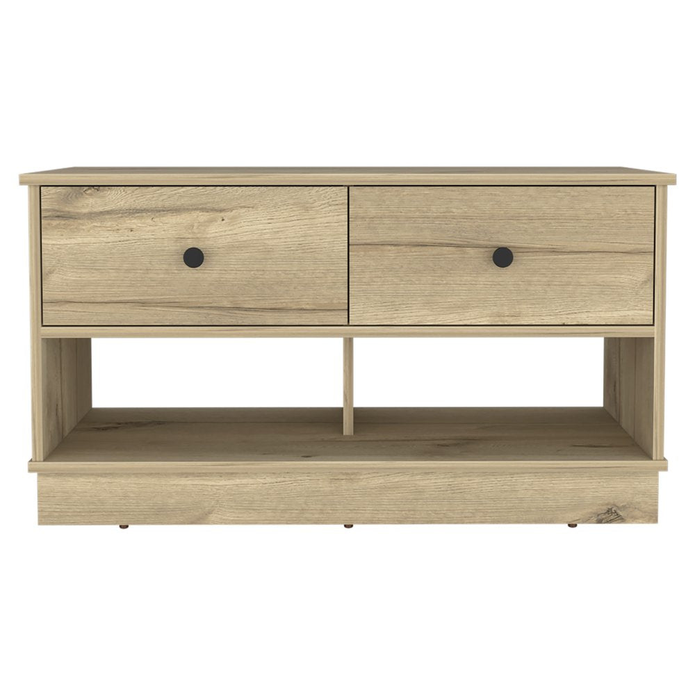 36" Natural and Oak Wood Storage Bench With Drawers Shoe Storage And Shelves