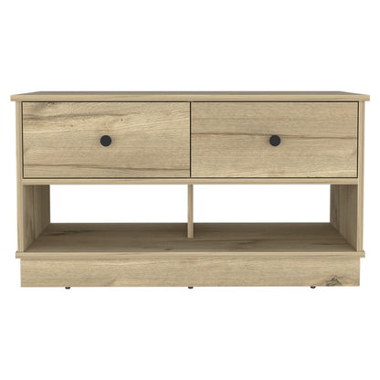 36" Natural and Oak Wood Storage Bench With Drawers Shoe Storage And Shelves