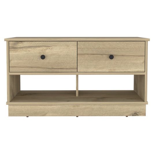 36" Natural and Oak Wood Storage Bench With Drawers Shoe Storage And Shelves