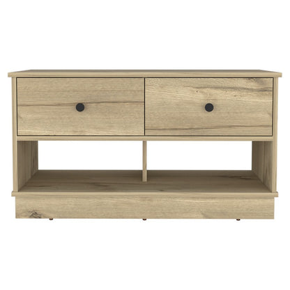 36" Natural and Oak Wood Storage Bench With Drawers Shoe Storage And Shelves