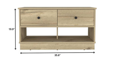 36" Natural and Oak Wood Storage Bench With Drawers Shoe Storage And Shelves