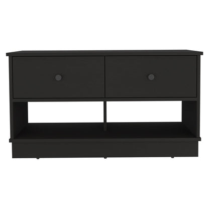 36" Black Wood Storage Bench With Drawers And Shelves
