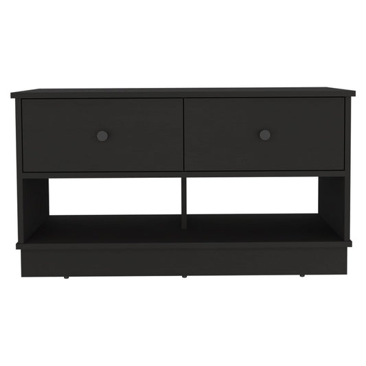 36" Black Wood Storage Bench With Drawers And Shelves